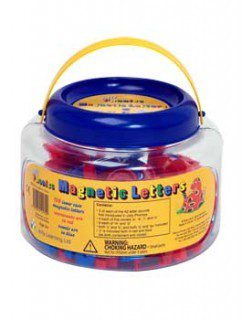 A jar of magnetic letters with blue handle.