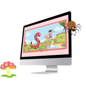 A computer monitor with cartoon characters on it.