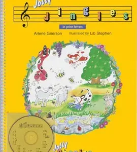 A book with pictures of animals and music notes.