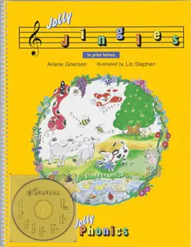 A book with pictures of animals and music notes.